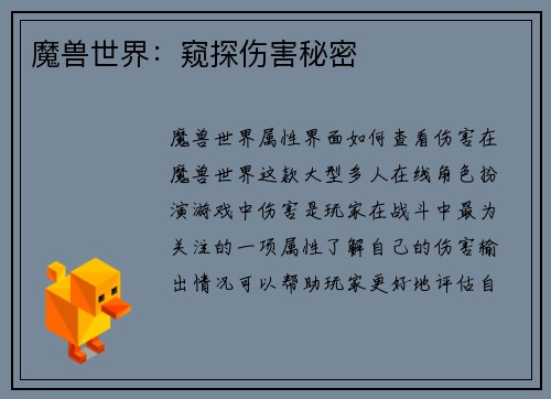 魔兽世界：窥探伤害秘密