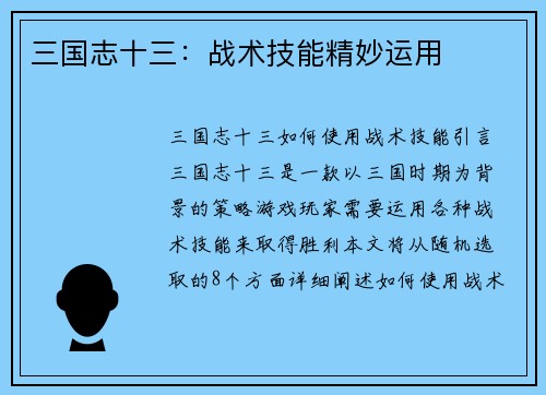三国志十三：战术技能精妙运用