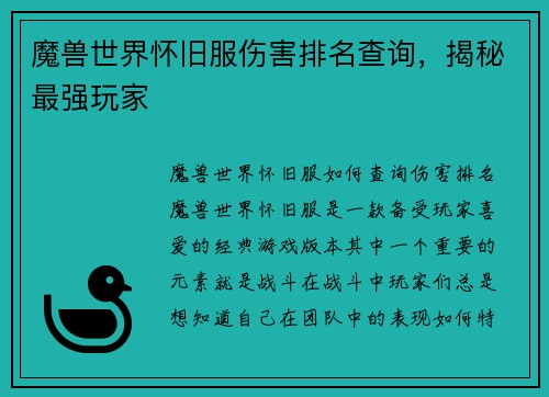 魔兽世界怀旧服伤害排名查询，揭秘最强玩家